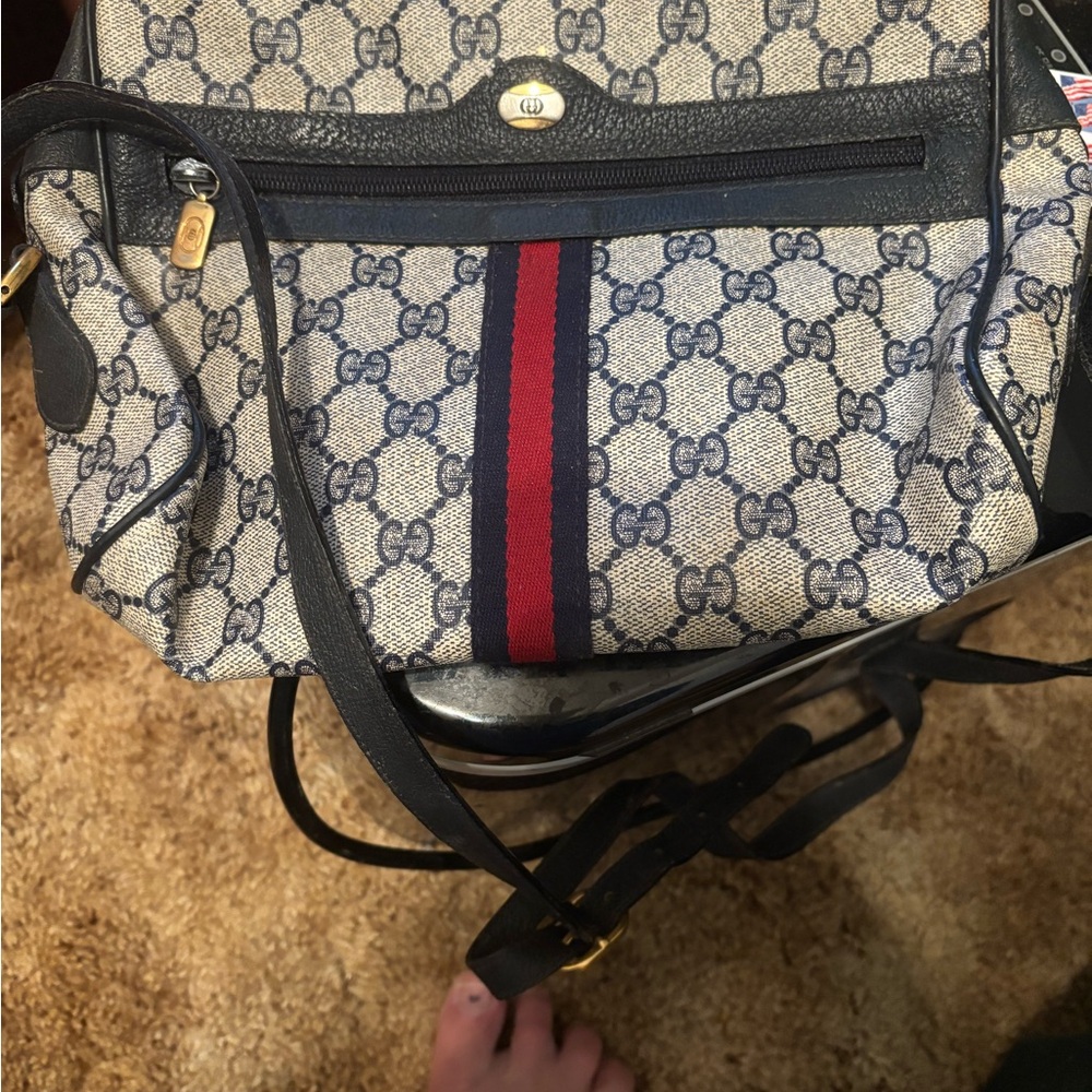Gucci Navy Monogram Canvas Crossbody with Red Stripe